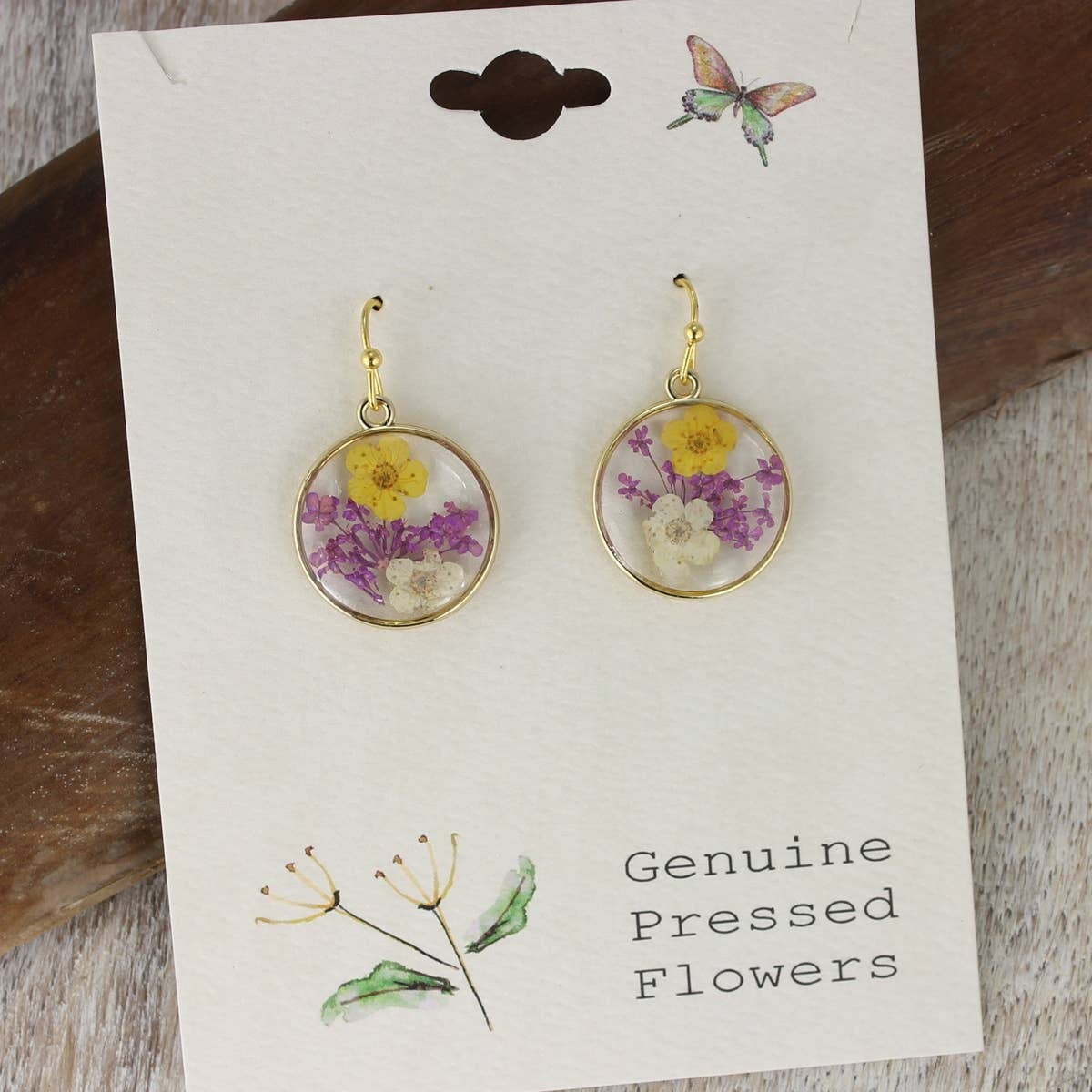 Real Pressed Flowers in Resin, Gold Necklace in with Purple